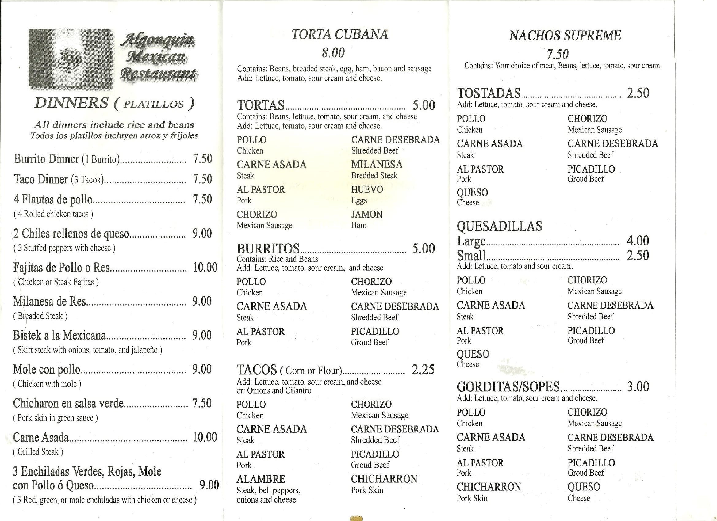 Menu at Algonquin Mexican Restaurant, Algonquin