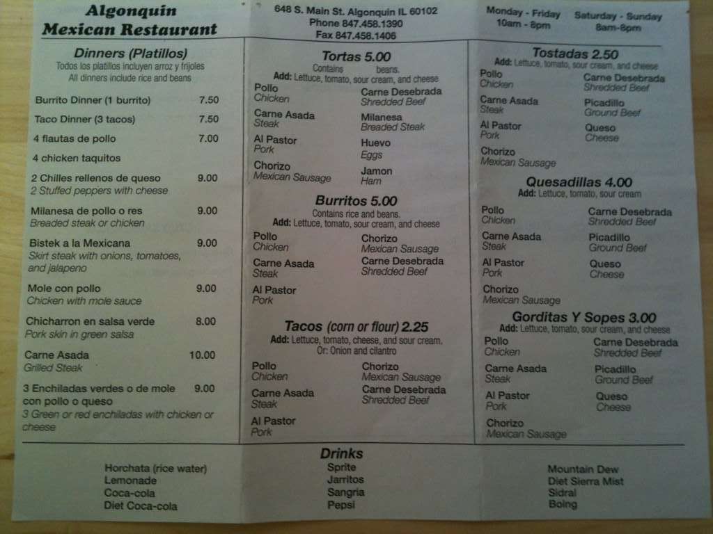 Menu at Algonquin Mexican Restaurant, Algonquin