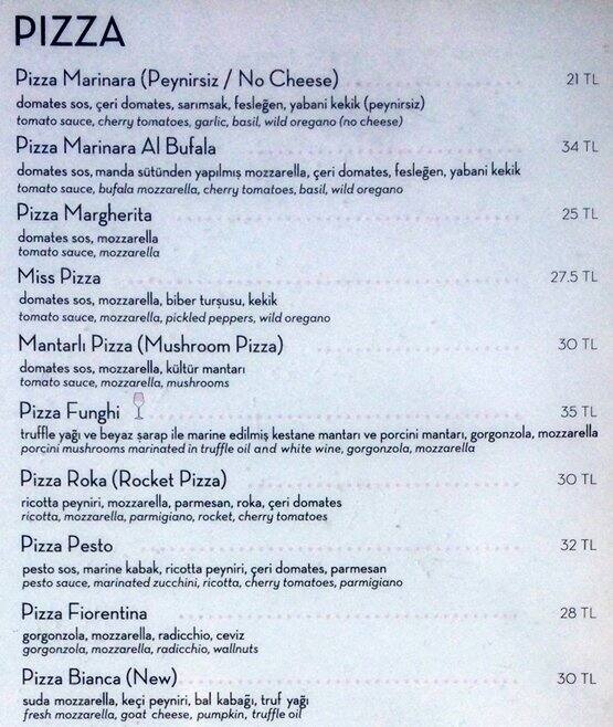 Miss Pizza menu, Menu restauracji Miss Pizza, Cihangir, İstanbul