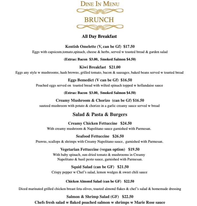 Menu at Kentish Hotel cafe, Auckland