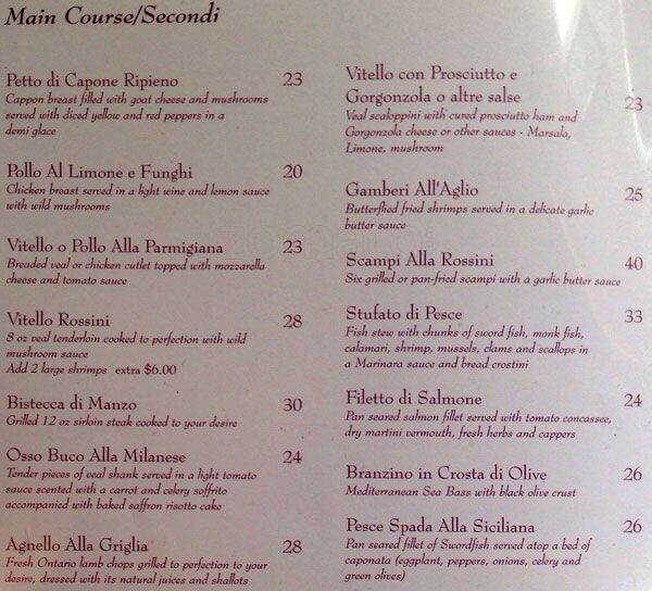 Rossini Restaurant menu