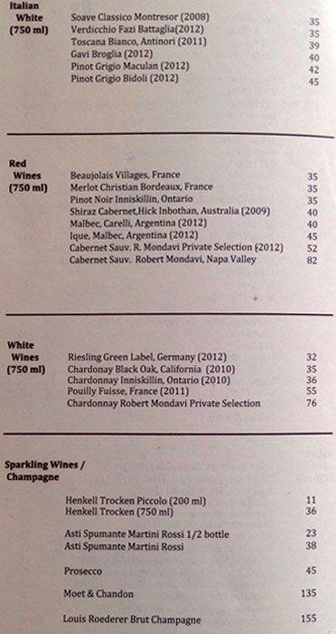 Rossini Restaurant menu
