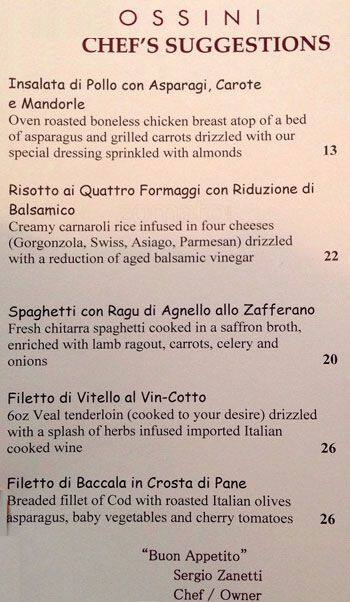 Rossini Restaurant menu