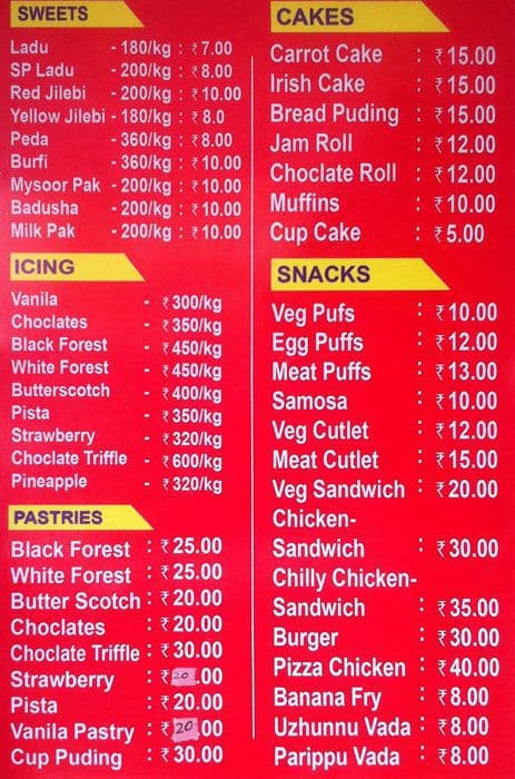 Super Bakers menu