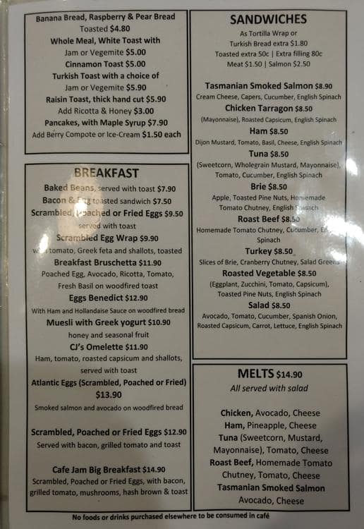Menu at Cafe Jam, Mosman