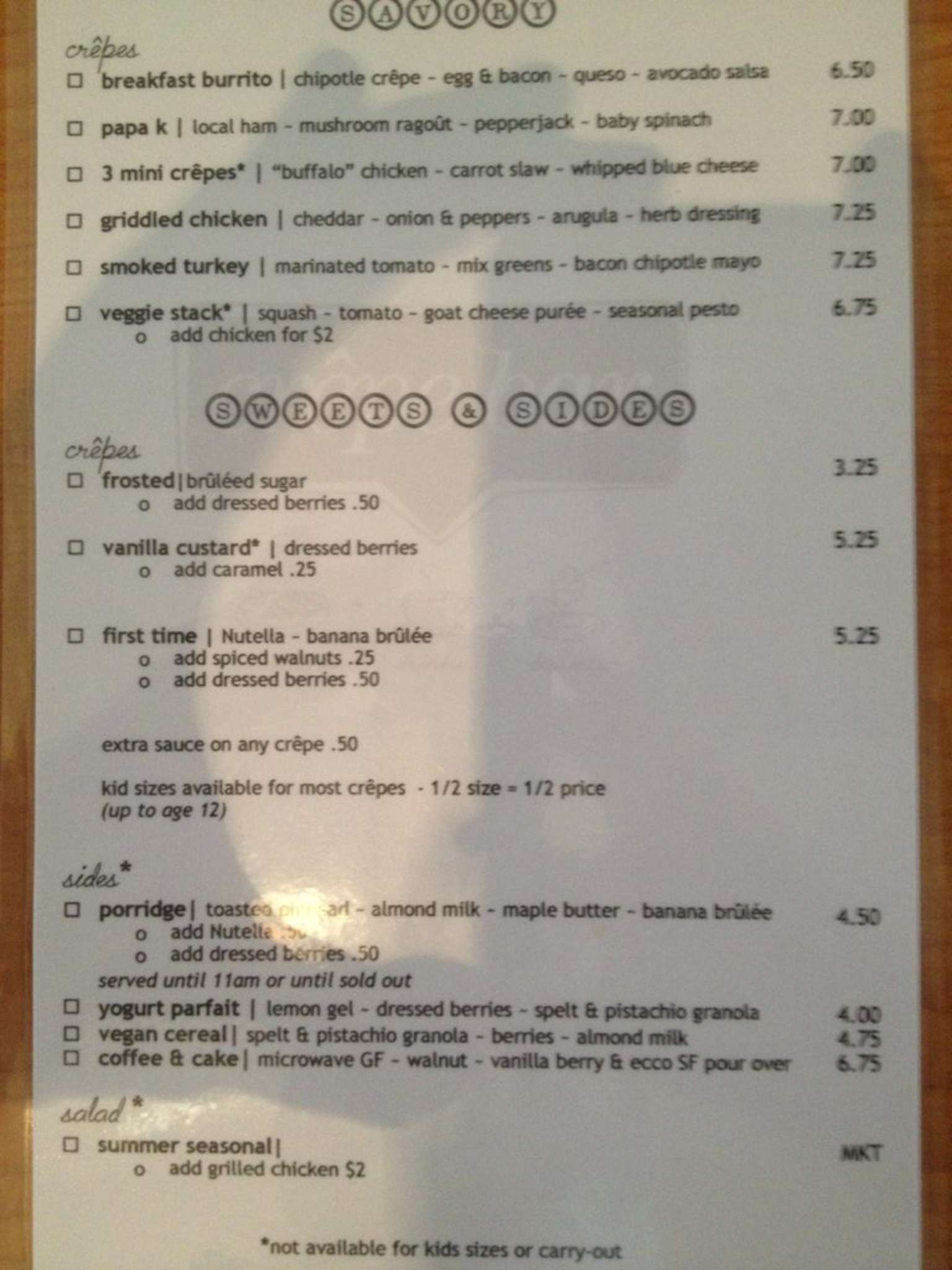 Menu at Crêpe Bar, Tempe
