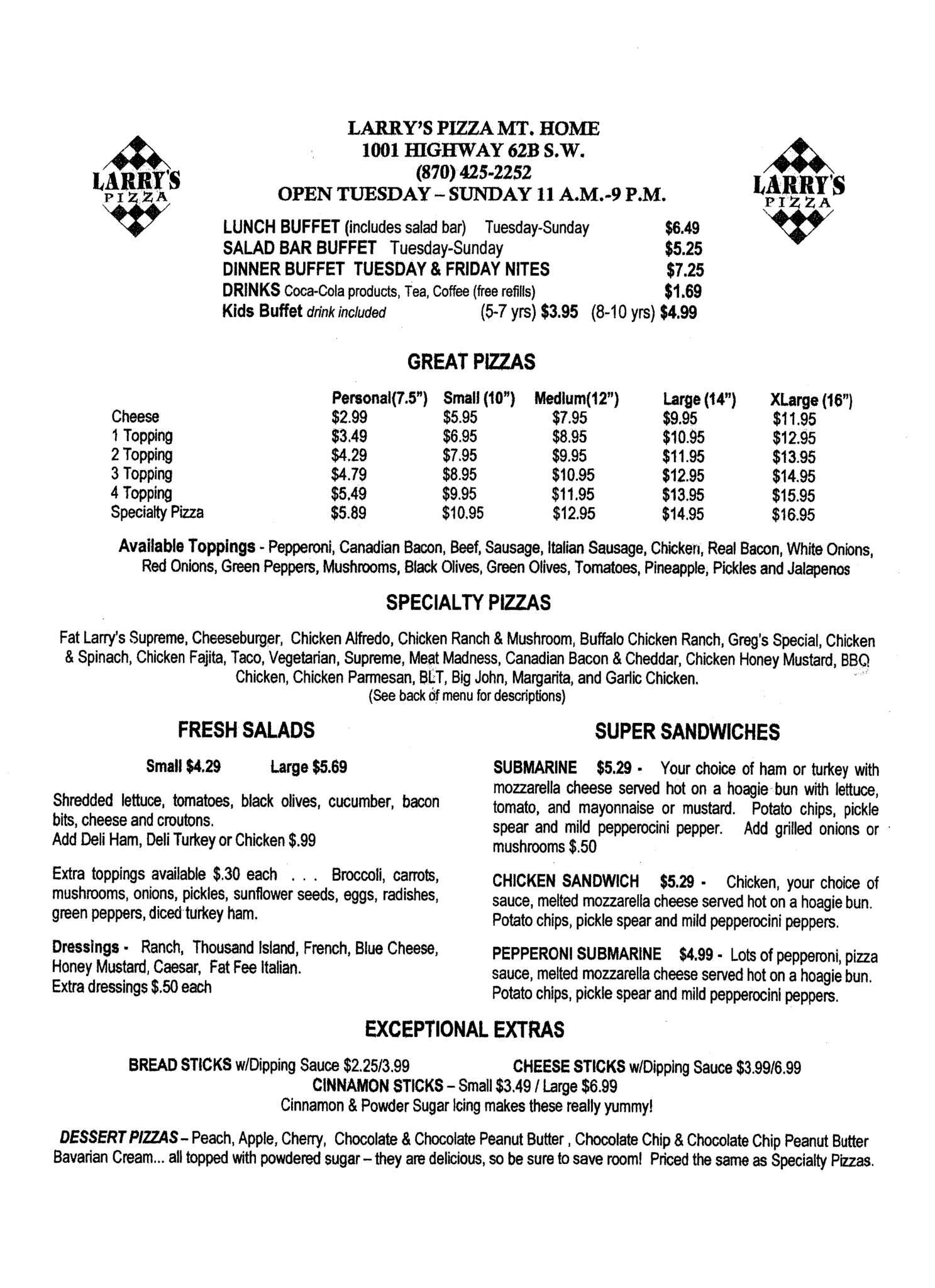 Larry's Pizza Menu, Menu for Larry's Pizza, Mountain Home, Mountain