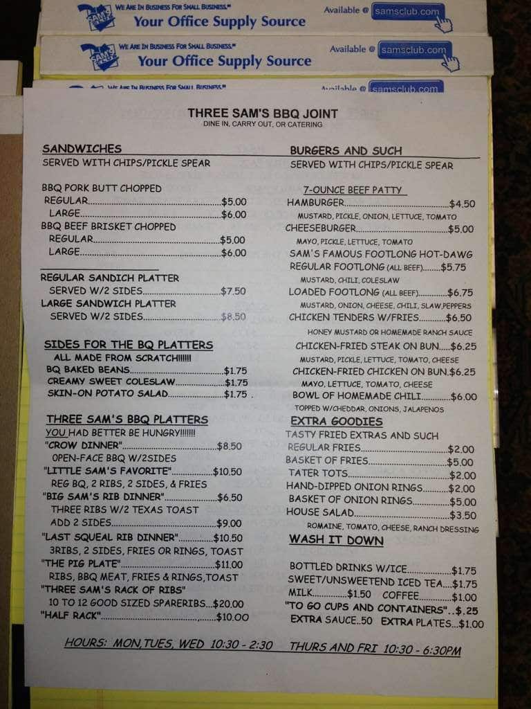 Menu at Three Sams BBQ, Little Rock