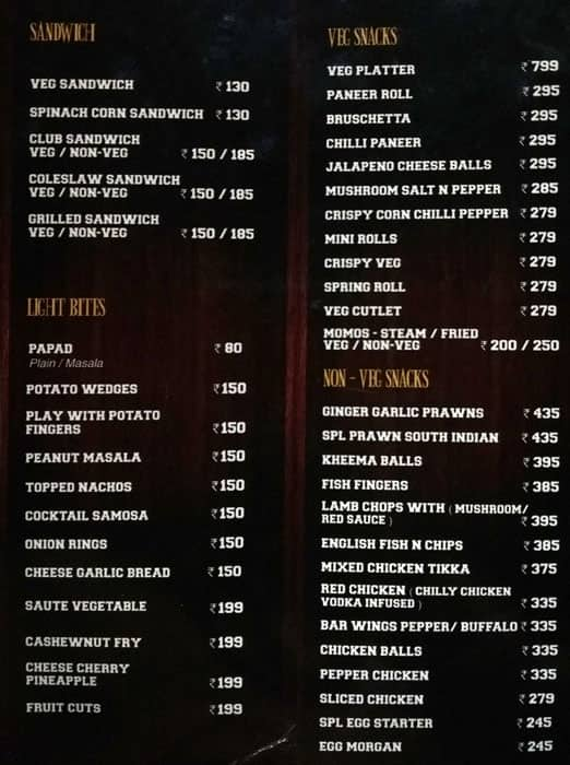 Menu of The League Sports Bar Lounge, Labbipet, Vijayawada