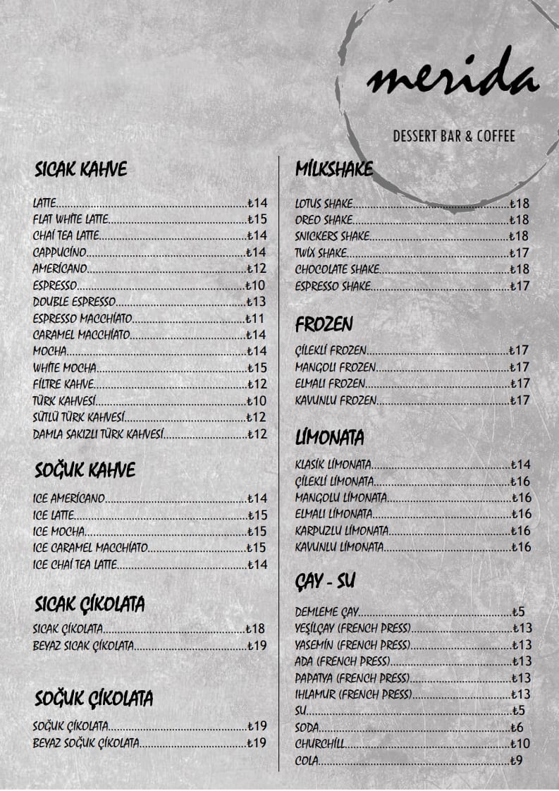 Merida Menu Menu at Merida Dessert Bar & Coffee, Istanbul
