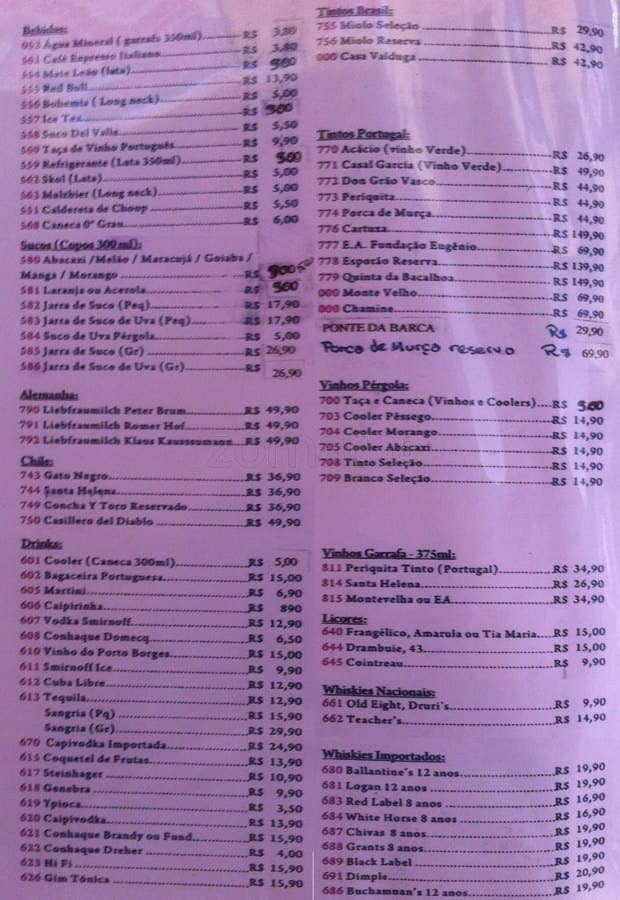 Adega Barril do Recreio cardápio