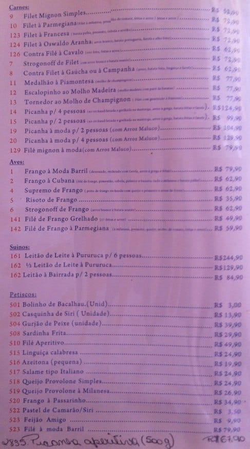 Adega Barril do Recreio cardápio