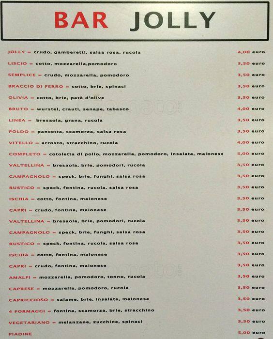 Menu di Jolly Bar 