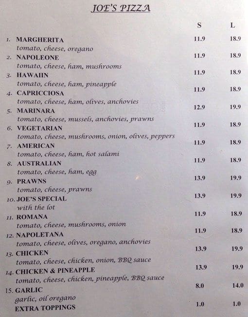 Menu at Joes restaurant, Mentone