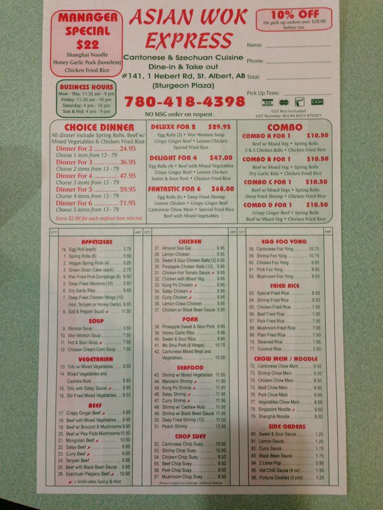 Asian Wok Express Menu, Menu for Asian Wok Express, St Albert, Edmonton
