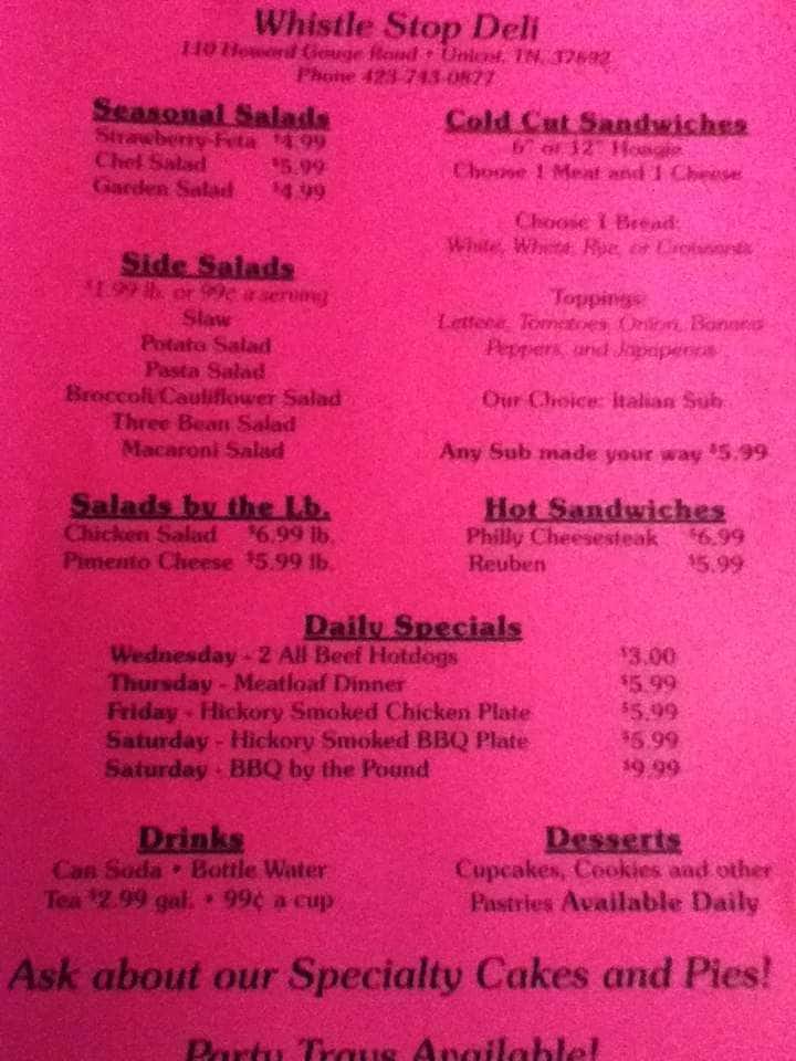 Menu At Whistle Stop Deli And Catering Restaurant Unicoi 110 Howard Gouge Rd