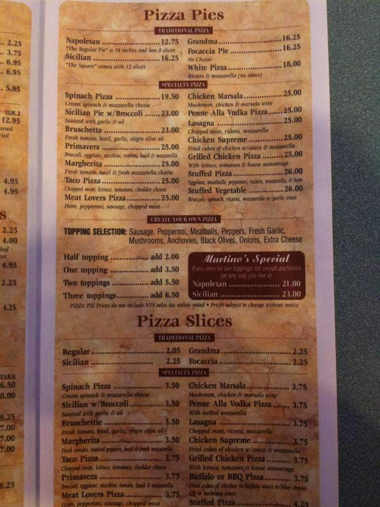 Menu at Martino's pizzeria, Elmont