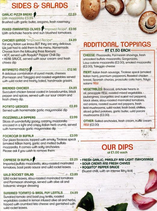 Menu at Pizza Lupa pizzeria, London, 7 Hollyrood Street