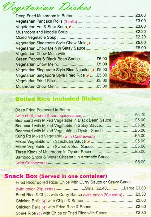 Menu at Wongs fast food, Glasgow