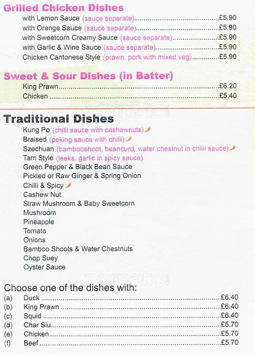 Menu at Wongs fast food, Glasgow