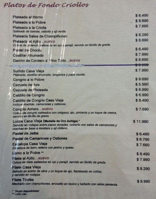 La Casa Vieja Menu, Menu untuk La Casa Vieja, Providencia, Santiago