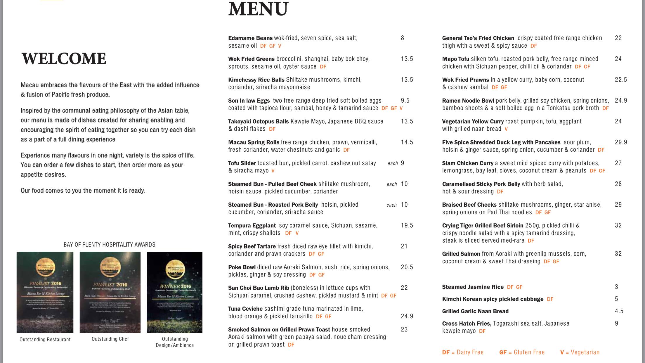 Menu at Macau Bar Kitchen & Lounge, Tauranga
