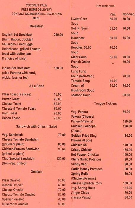 Coconut Palms menu
