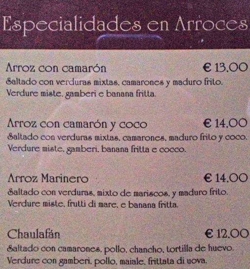 Menu di La Canoa 