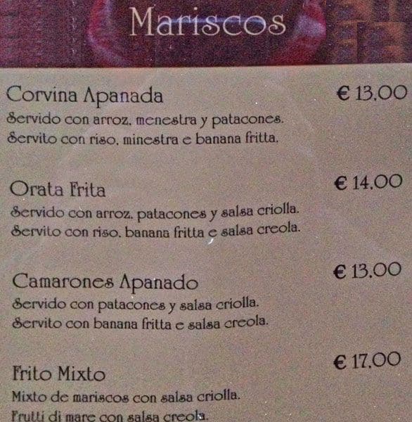 Menu di La Canoa 