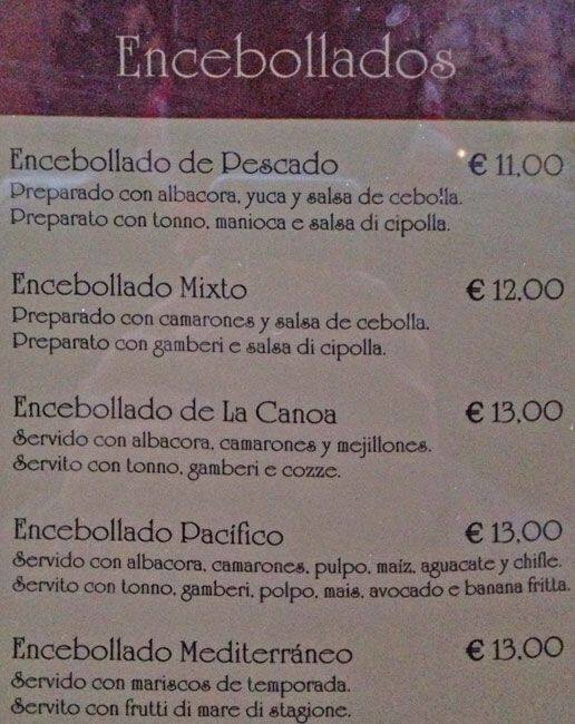 Menu di La Canoa 
