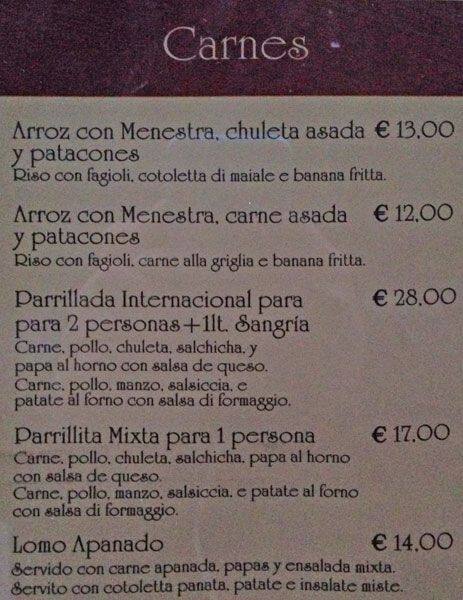 Menu di La Canoa 