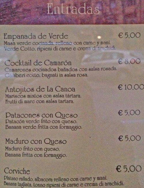Menu di La Canoa 