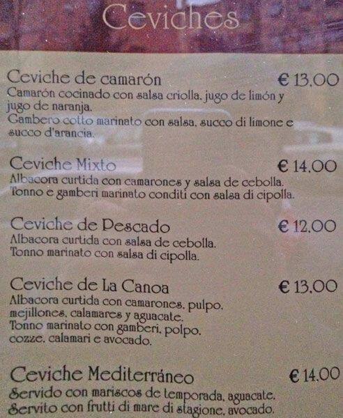 Menu di La Canoa 