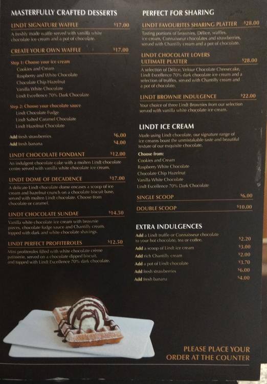 Lindt Chocolate Cafe Menu Menu For Lindt Chocolate Cafe Cbd Sydney