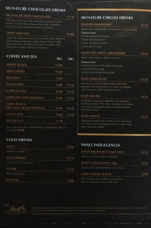 Lindt Chocolate Cafe Menu Menu For Lindt Chocolate Cafe Darling Harbour Sydney