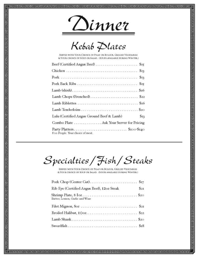 Menu at AJ's Armenian Cuisine restaurant, Fresno