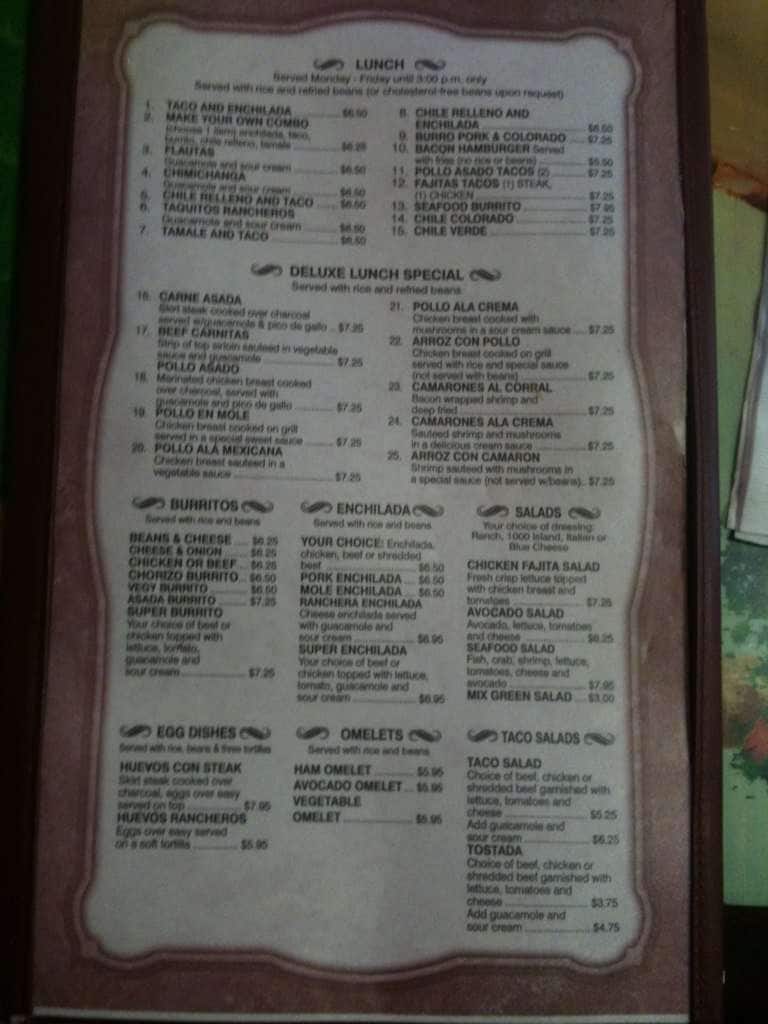 Menu at Los Corrales restaurant, Pinetop-Lakeside