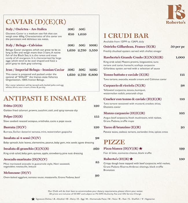 Menu of Roberto's, DIFC, Dubai