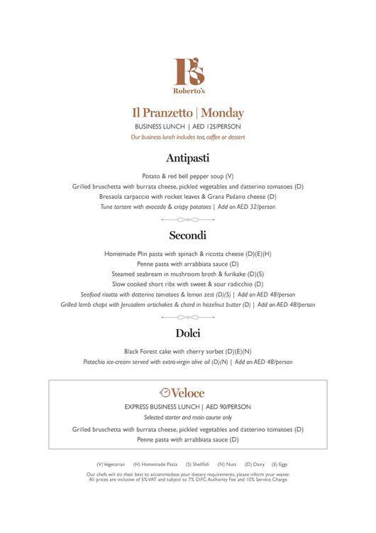 Menu of Roberto's, DIFC, Dubai