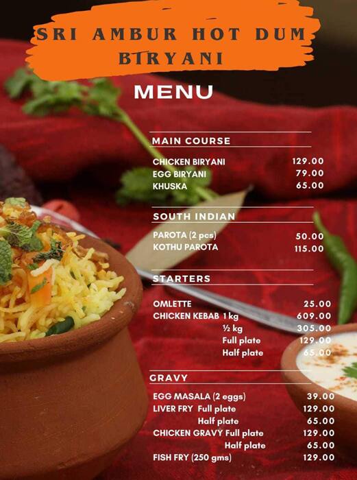 Menu of Ambur Hot Dum Biryani, Kanakapura Road, Bangalore