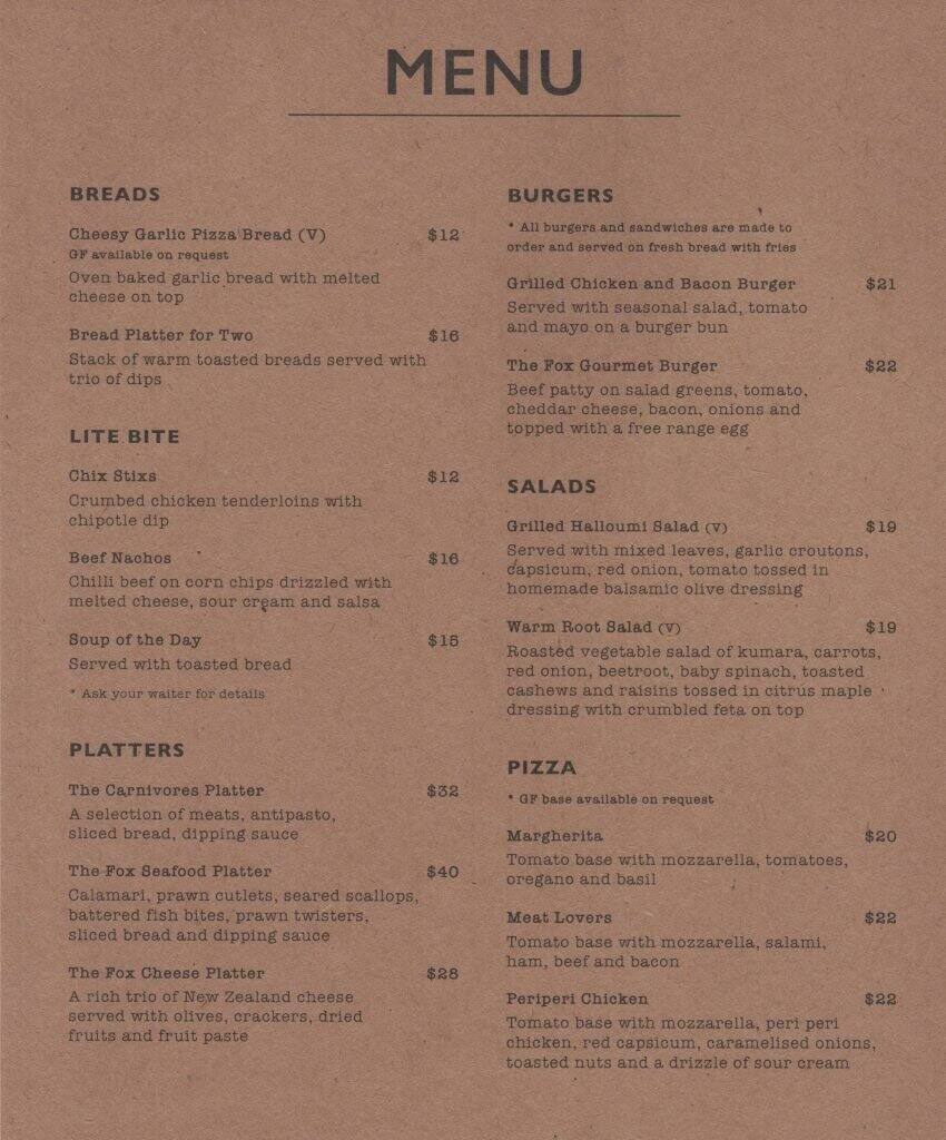 The Fox Menu, Menu for The Fox, Viaduct Harbour, Auckland Menumania