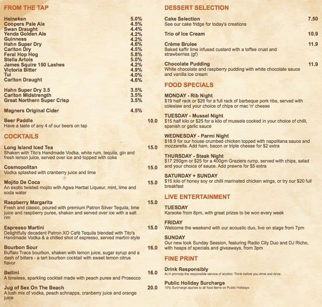 Belmont Tavern a Perth Foto del Menu con Prezzi Urbanspoon/Zomato