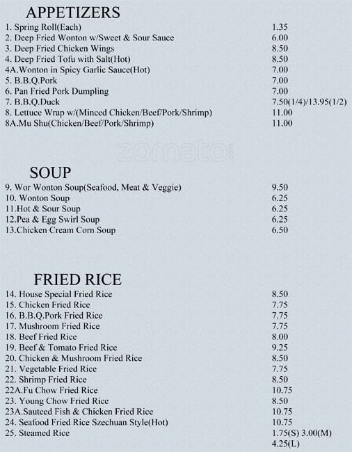 Ming's Garden Menu, Menu for Ming's Garden, Lower Capilano, North