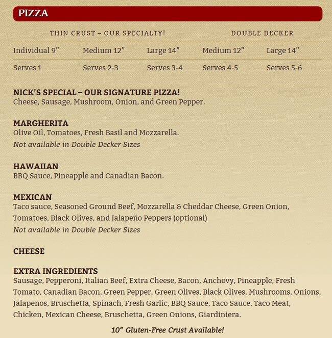 Nick's Pizza & Pub Menu Urbanspoon/Zomato