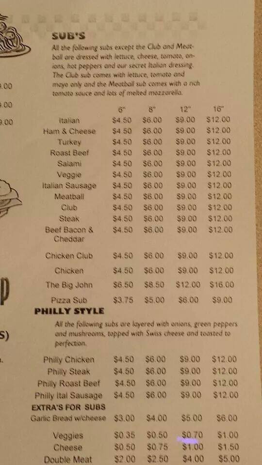 Menu at Susie's Sub Shop restaurant, Columbus, E er Rd