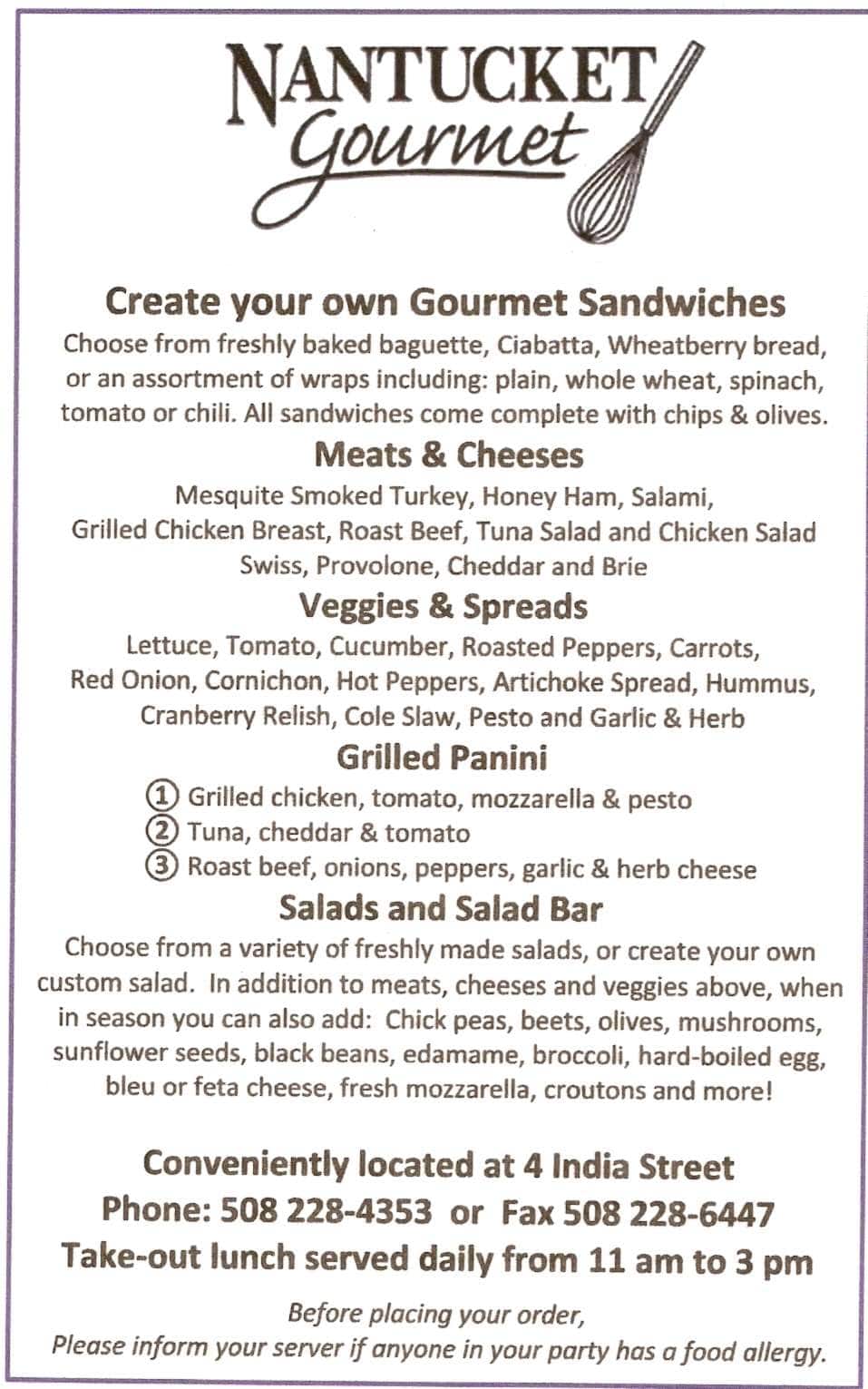 Nantucket Gourmet Menu, Menu for Nantucket Gourmet, Town, Cape Cod