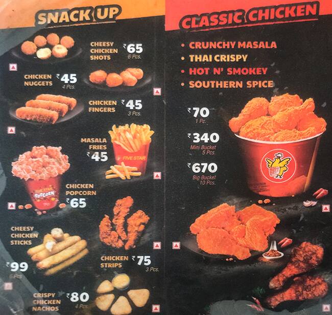 Menu Of Five Star Chicken, Hebbal, Bangalore