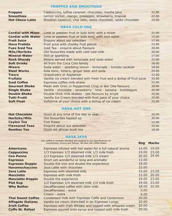 Menu bij Hava Java restaurant, Zuid-Afrika