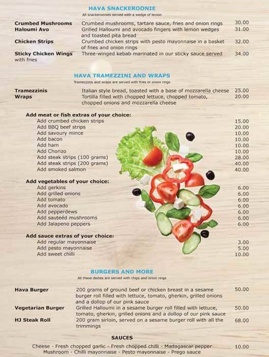 Menu bij Hava Java restaurant, Zuid-Afrika