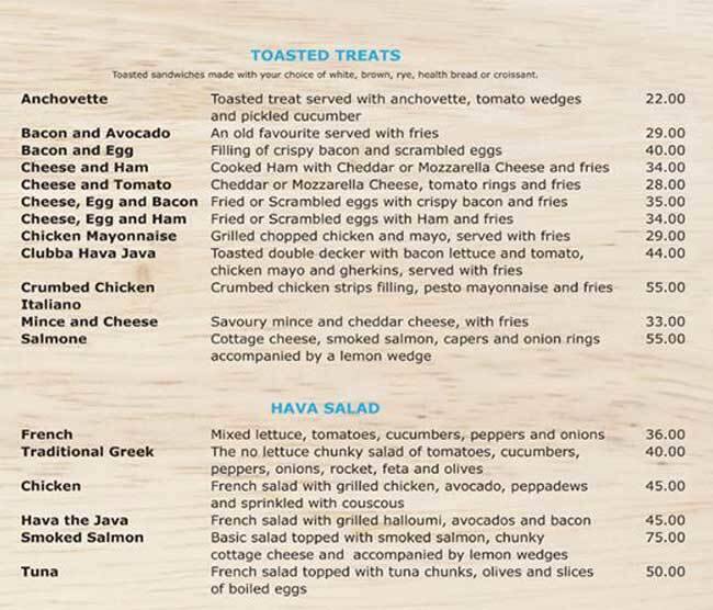Menu bij Hava Java restaurant, Zuid-Afrika